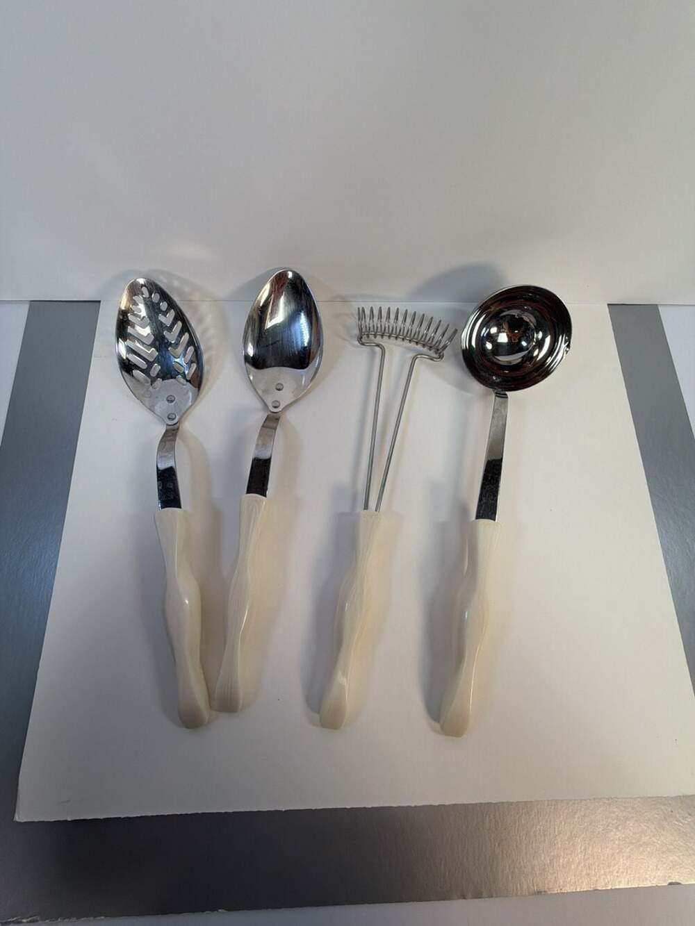 Vintage Cutco Pearl White Kitchen Utensil Set of 4 - Ladle, Whisk, Slotted & Sol